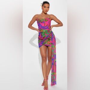 Fashion Nova Multi-Color Strapless Mini Dress with Draped Side Sash